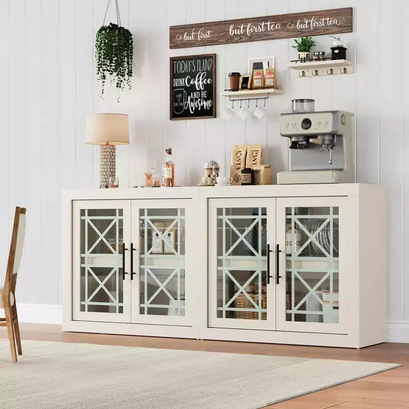 Buffet contemporain avec portes vitrées et plateau en bois épais, grand buffet de rangement pour salle à manger, cuisine et coin café