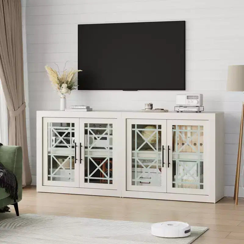 Buffet contemporain avec portes vitrées et plateau en bois épais, grand buffet de rangement pour salle à manger, cuisine et coin café