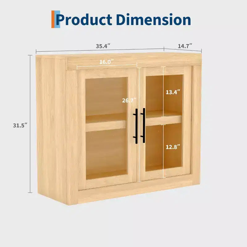 Buffet contemporain avec portes vitrées et plateau en bois épais, grand buffet de rangement pour salle à manger, cuisine et coin café