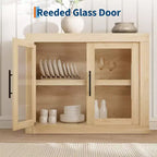 Buffet contemporain avec portes vitrées et plateau en bois épais, grand buffet de rangement pour salle à manger, cuisine et coin café