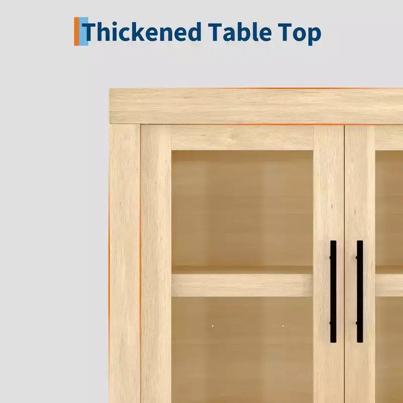 Buffet contemporain avec portes vitrées et plateau en bois épais, grand buffet de rangement pour salle à manger, cuisine et coin café