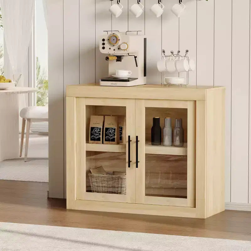 Buffet contemporain avec portes vitrées et plateau en bois épais, grand buffet de rangement pour salle à manger, cuisine et coin café