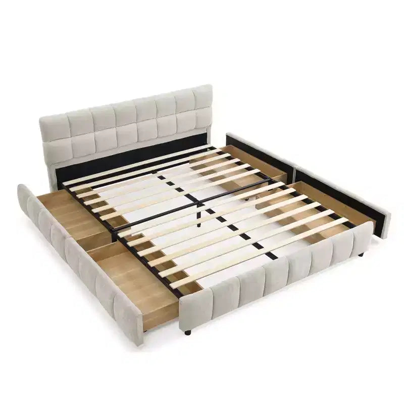 Cadre de lit rembourré avec tiroirs de rangement, taille Queen/King/California King, lit plateforme en chenille avec tête de lit et cadre solide pour chambre à coucher