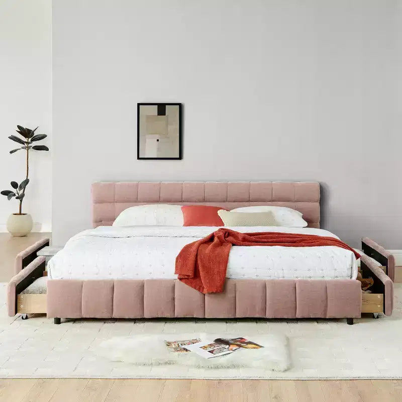 Cadre de lit rembourré avec tiroirs de rangement, taille Queen/King/California King, lit plateforme en chenille avec tête de lit et cadre solide pour chambre à coucher