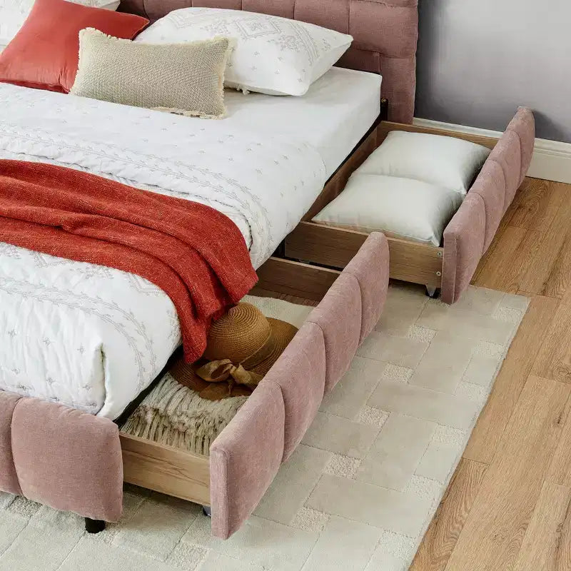 Cadre de lit rembourré avec tiroirs de rangement, taille Queen/King/California King, lit plateforme en chenille avec tête de lit et cadre solide pour chambre à coucher