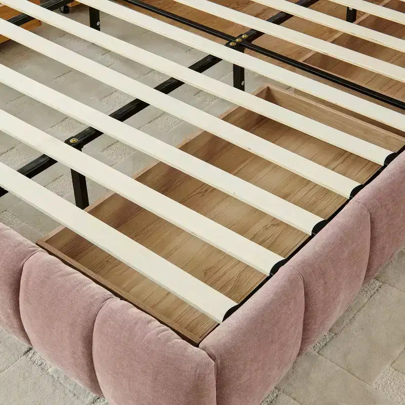 Cadre de lit rembourré avec tiroirs de rangement, taille Queen/King/California King, lit plateforme en chenille avec tête de lit et cadre solide pour chambre à coucher