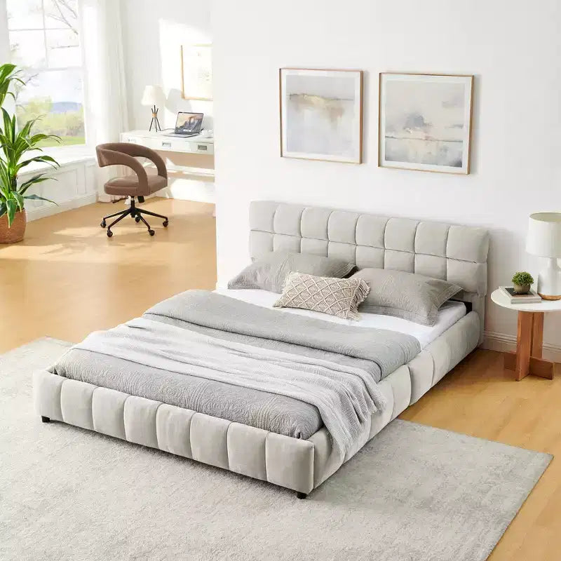 Cadre de lit rembourré avec tiroirs de rangement, taille Queen/King/California King, lit plateforme en chenille avec tête de lit et cadre solide pour chambre à coucher