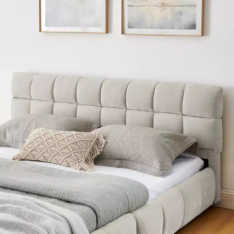 Cadre de lit rembourré avec tiroirs de rangement, taille Queen/King/California King, lit plateforme en chenille avec tête de lit et cadre solide pour chambre à coucher
