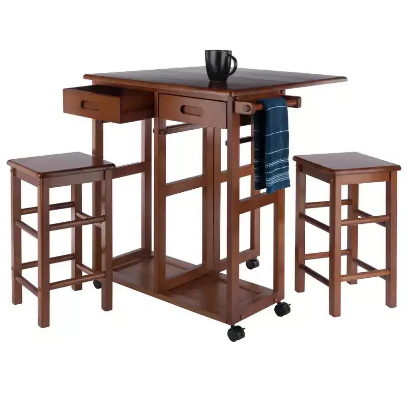 Ensemble de salle à manger pliant 3 pièces Suzanne Space Saver en teck – Winsome : Compact, tiroirs de rangement et 2 tabourets