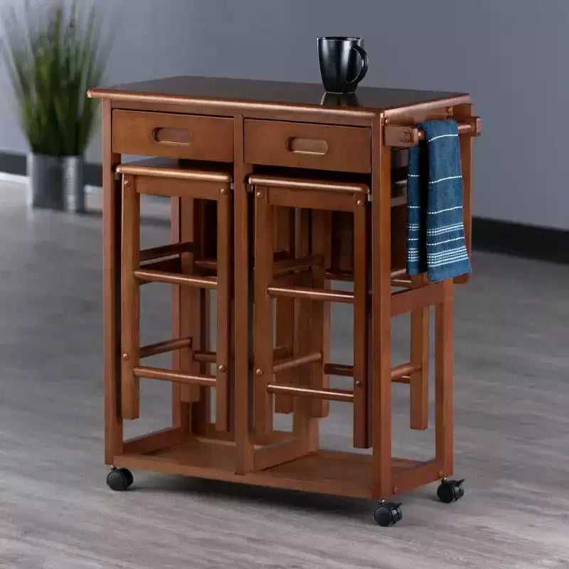 Ensemble de salle à manger pliant 3 pièces Suzanne Space Saver en teck – Winsome : Compact, tiroirs de rangement et 2 tabourets