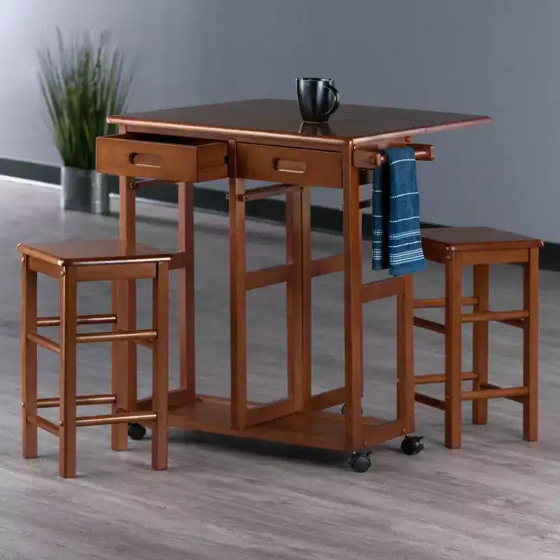 Ensemble de salle à manger pliant 3 pièces Suzanne Space Saver en teck – Winsome : Compact, tiroirs de rangement et 2 tabourets