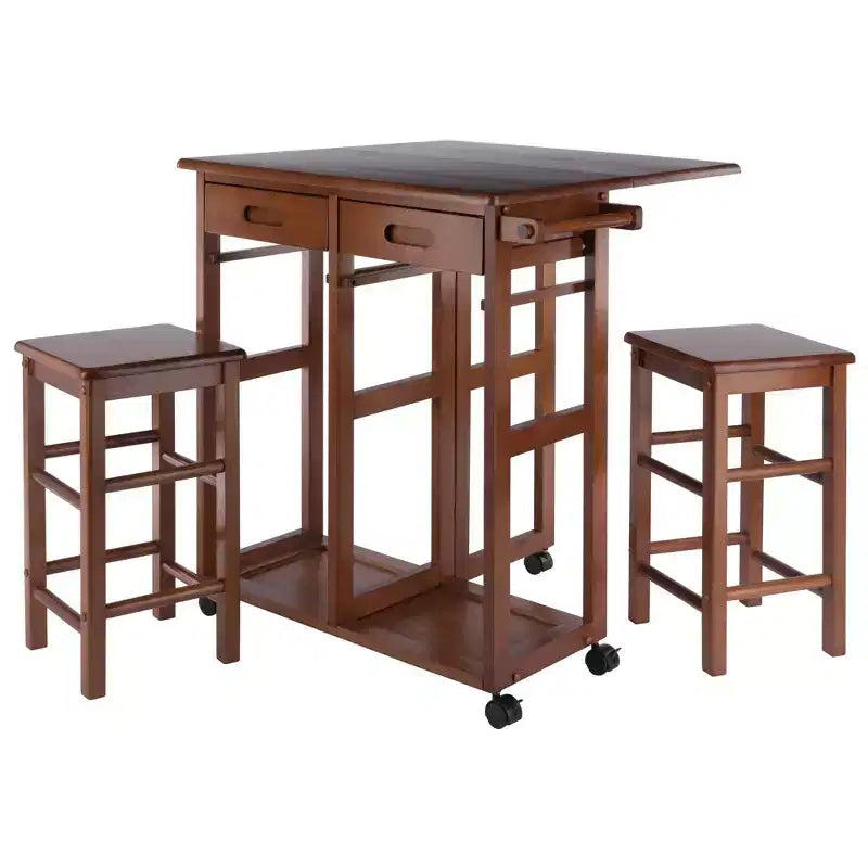 Ensemble de salle à manger pliant 3 pièces Suzanne Space Saver en teck – Winsome : Compact, tiroirs de rangement et 2 tabourets