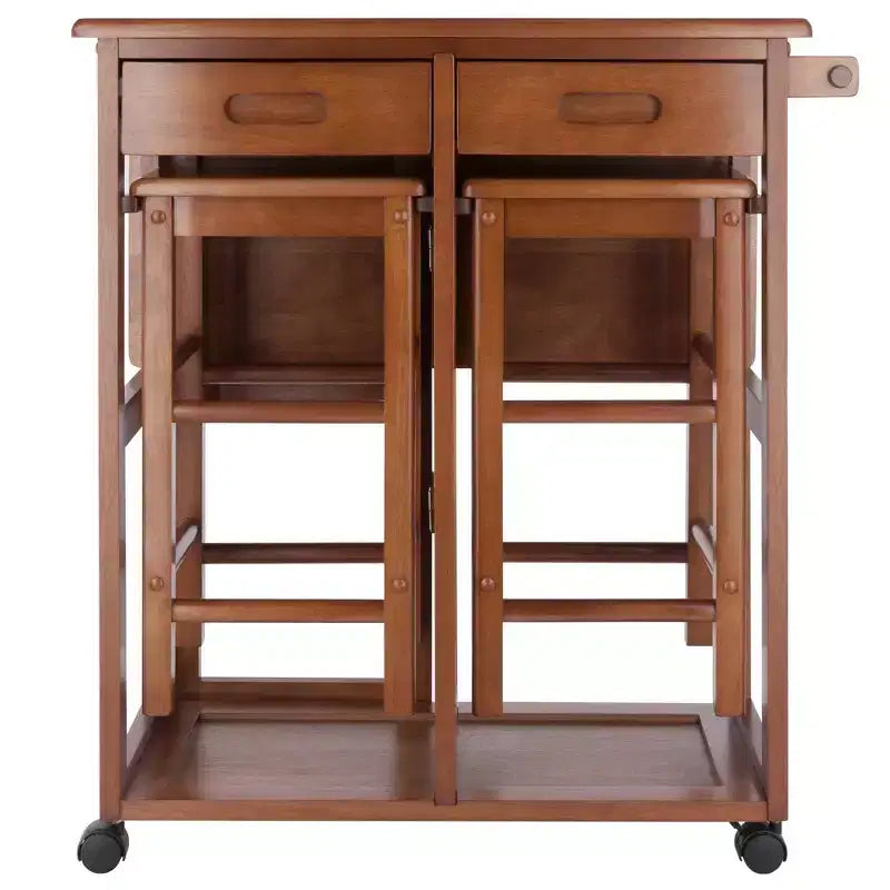 Ensemble de salle à manger pliant 3 pièces Suzanne Space Saver en teck – Winsome : Compact, tiroirs de rangement et 2 tabourets