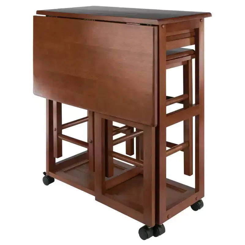 Ensemble de salle à manger pliant 3 pièces Suzanne Space Saver en teck – Winsome : Compact, tiroirs de rangement et 2 tabourets