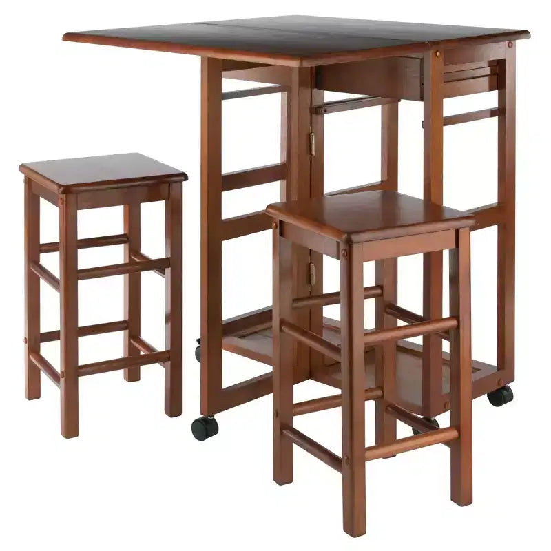 Ensemble de salle à manger pliant 3 pièces Suzanne Space Saver en teck – Winsome : Compact, tiroirs de rangement et 2 tabourets