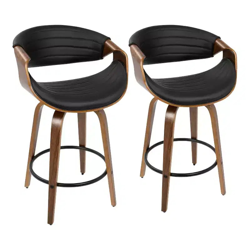 Set of 2 Symphony Mid Century Modern Counter Height Barstool Faux Leather Walnut/Black - LumiSource: Swivel, Wood & Metal Frame, 250lb Capacity