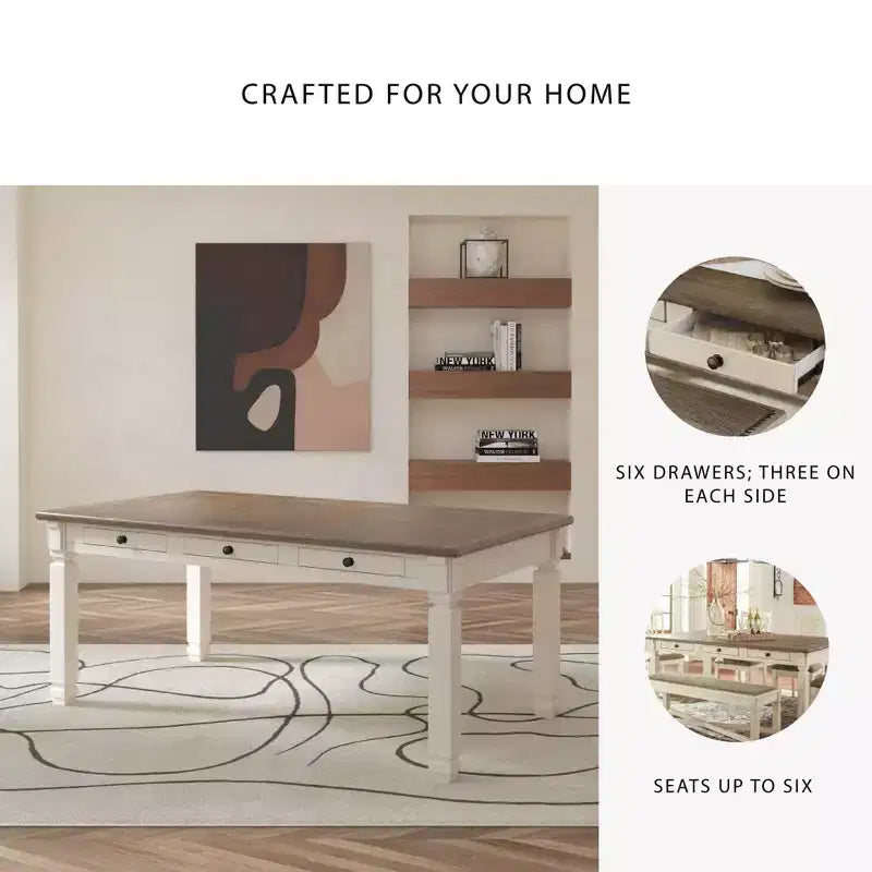 Table de salle à manger crème - Signature Design by Ashley : style ferme, 6 tiroirs, plateau rustique en planches
