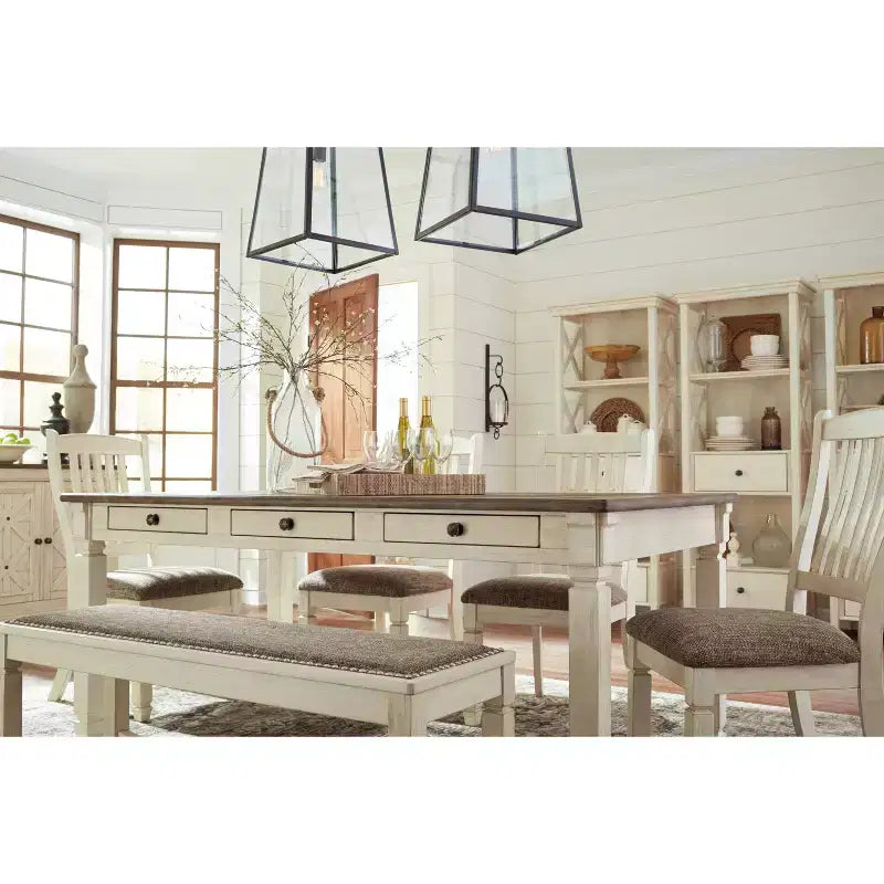 Table de salle à manger crème - Signature Design by Ashley : style ferme, 6 tiroirs, plateau rustique en planches