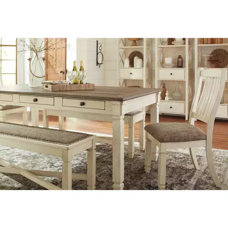Table de salle à manger crème - Signature Design by Ashley : style ferme, 6 tiroirs, plateau rustique en planches