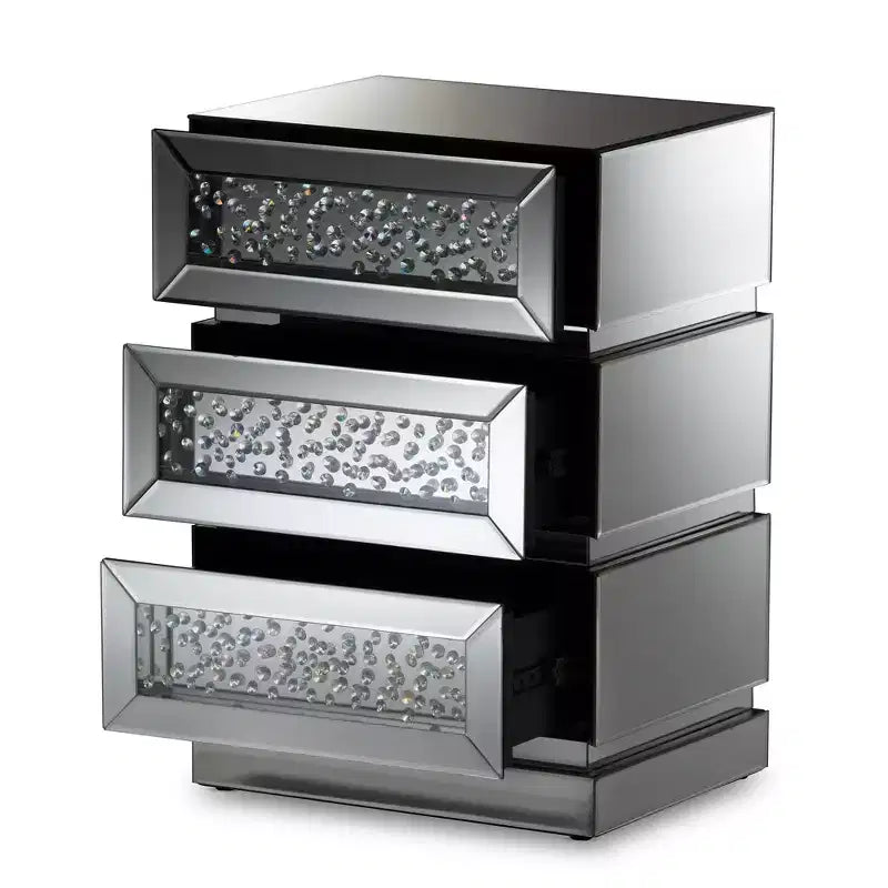 Table de chevet Sabrina Hollywood Regency Glamour Style avec 3 tiroirs miroir - Baxton Studio