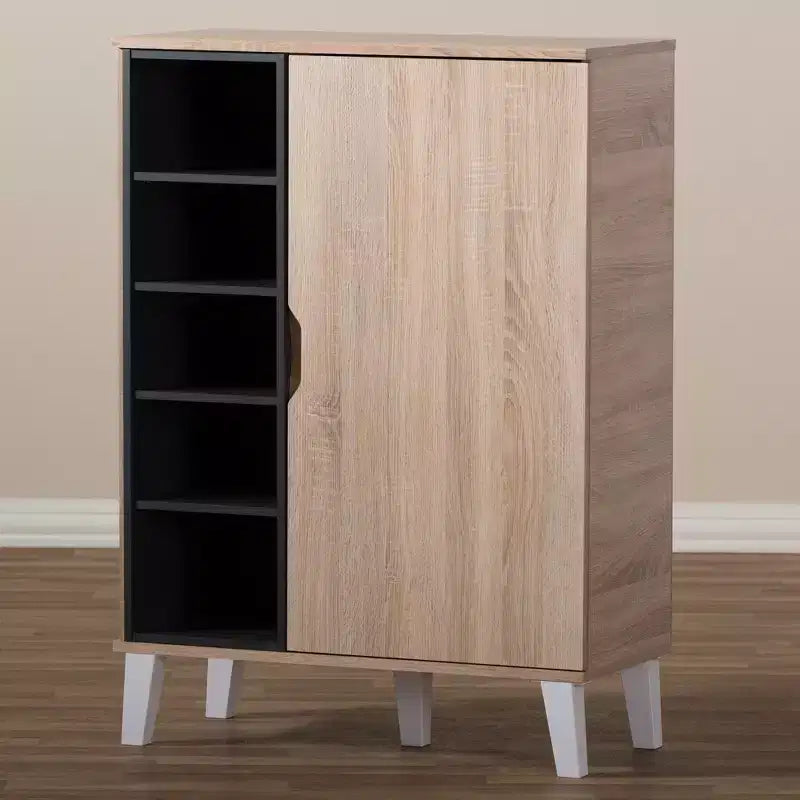 Meuble à chaussures en bois 1 porte Adelina Mid-Century Modern Baxton Studio - Marron : Organiseur de chaussures autoportant pour entrée, peut contenir 15 paires