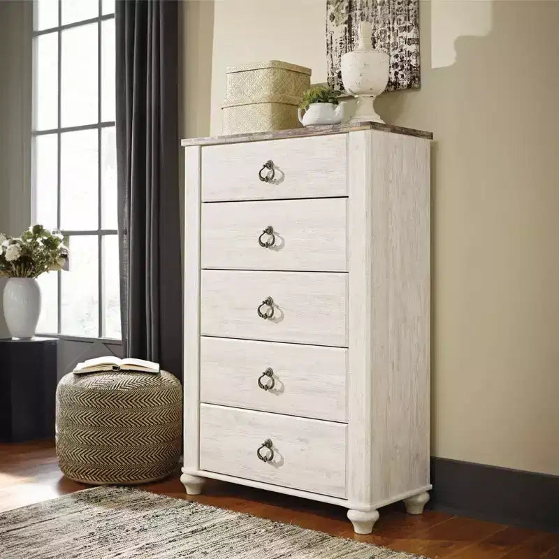 Commode Signature Design by Ashley Willowton Crème : Commode en bois à 5 tiroirs pour chambre à coucher, conforme aux normes ASTM