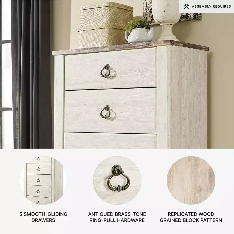 Commode Signature Design by Ashley Willowton Crème : Commode en bois à 5 tiroirs pour chambre à coucher, conforme aux normes ASTM