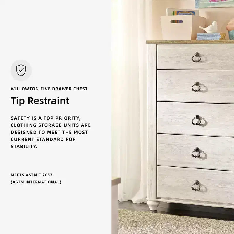 Commode Signature Design by Ashley Willowton Crème : Commode en bois à 5 tiroirs pour chambre à coucher, conforme aux normes ASTM