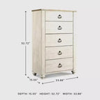 Commode Signature Design by Ashley Willowton Crème : Commode en bois à 5 tiroirs pour chambre à coucher, conforme aux normes ASTM