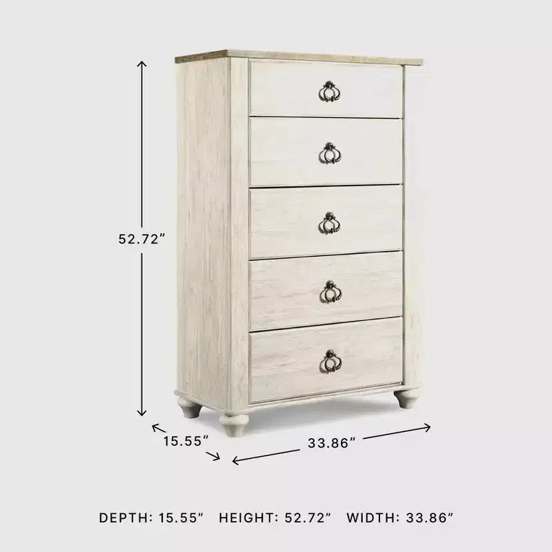 Commode Signature Design by Ashley Willowton Crème : Commode en bois à 5 tiroirs pour chambre à coucher, conforme aux normes ASTM