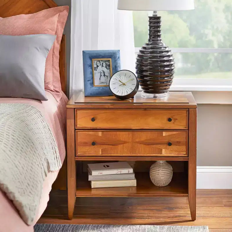 Lifestorey Monty Table de Chevet 2 Tiroirs Noyer du Milieu du Siècle : Table de Chevet Moderne avec Rangement, Placage Bois d'Acacia, Glissières Métalliques