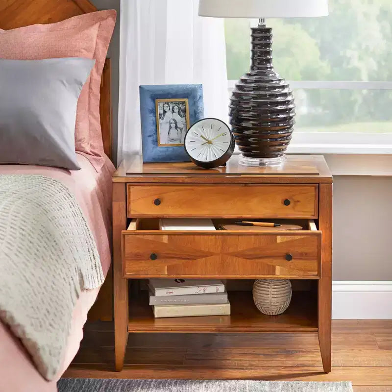 Lifestorey Monty Table de Chevet 2 Tiroirs Noyer du Milieu du Siècle : Table de Chevet Moderne avec Rangement, Placage Bois d'Acacia, Glissières Métalliques