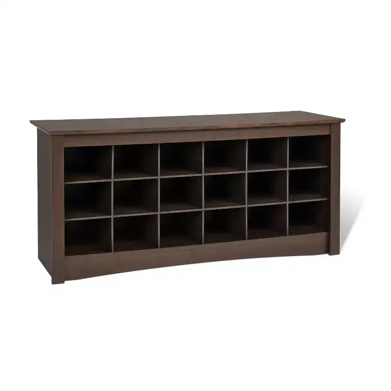 Banc de rangement à casiers à chaussures brun espresso - Prepac : Organiseur d'entrée, 18 compartiments
