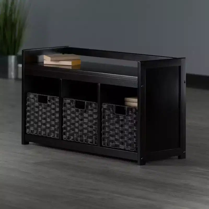 4pc Addison Storage Bench with Baskets Espresso/Chocolate - Winsome: Wood Entryway Organizer, Bedroom Ottoman