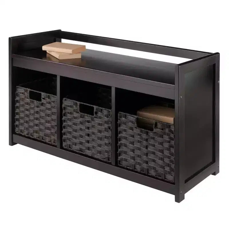 Banc de rangement 4 pièces avec paniers Espresso/Chocolat - Organisateur d'entrée en bois, Ottoman de chambre à coucher