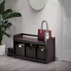 Banc de rangement 4 pièces avec paniers Espresso/Chocolat - Organisateur d'entrée en bois, Ottoman de chambre à coucher