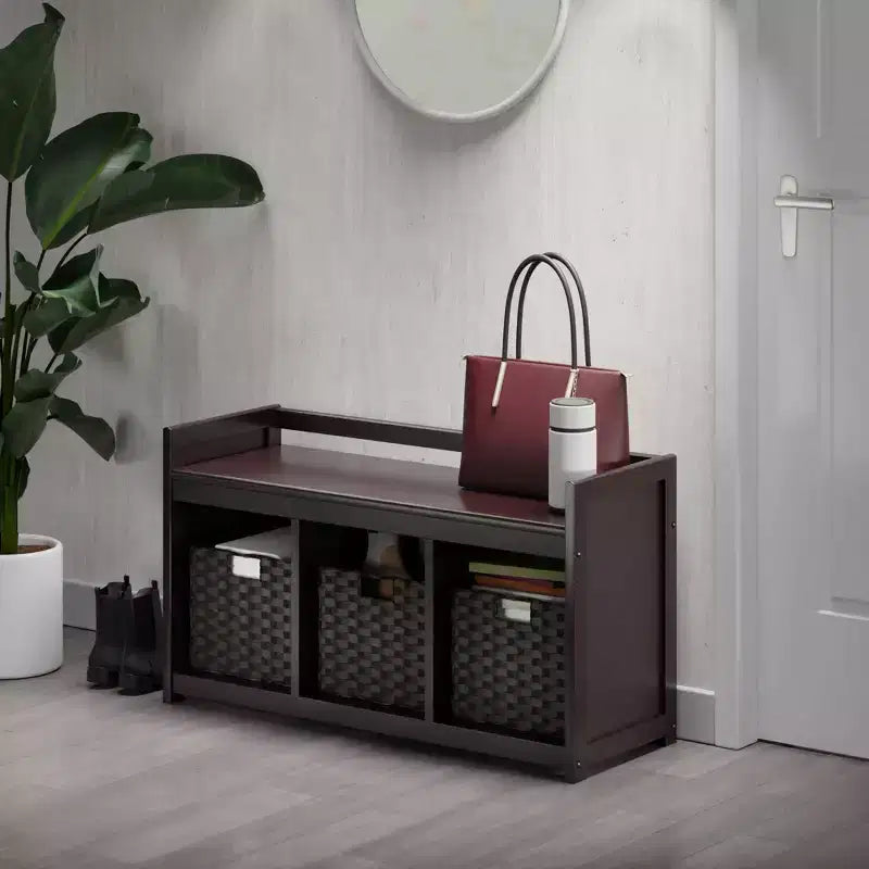 Banc de rangement 4 pièces avec paniers Espresso/Chocolat - Organisateur d'entrée en bois, Ottoman de chambre à coucher