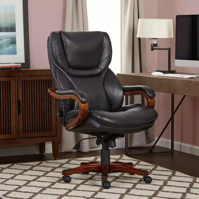 Chaise de bureau de direction en cuir reconstitué noir - Serta : mousse haute densité, accoudoirs fixes, cadre en bois