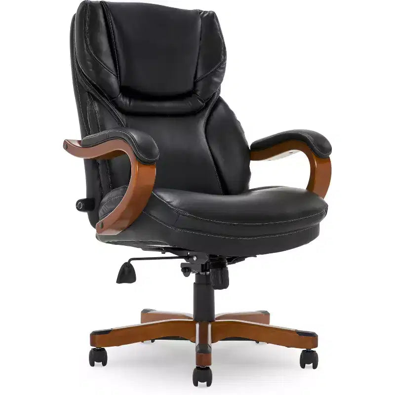 Chaise de bureau de direction en cuir reconstitué noir - Serta : mousse haute densité, accoudoirs fixes, cadre en bois