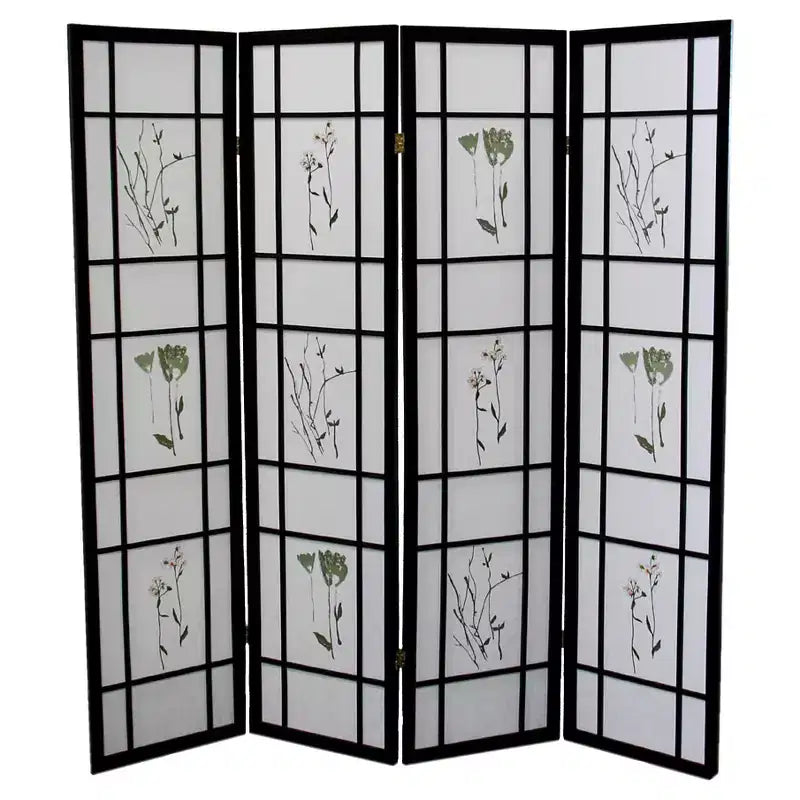 4 Panel Room Divider Border Cherry - Ore International: No Assembly, 70" x 60" Black Botanical Print