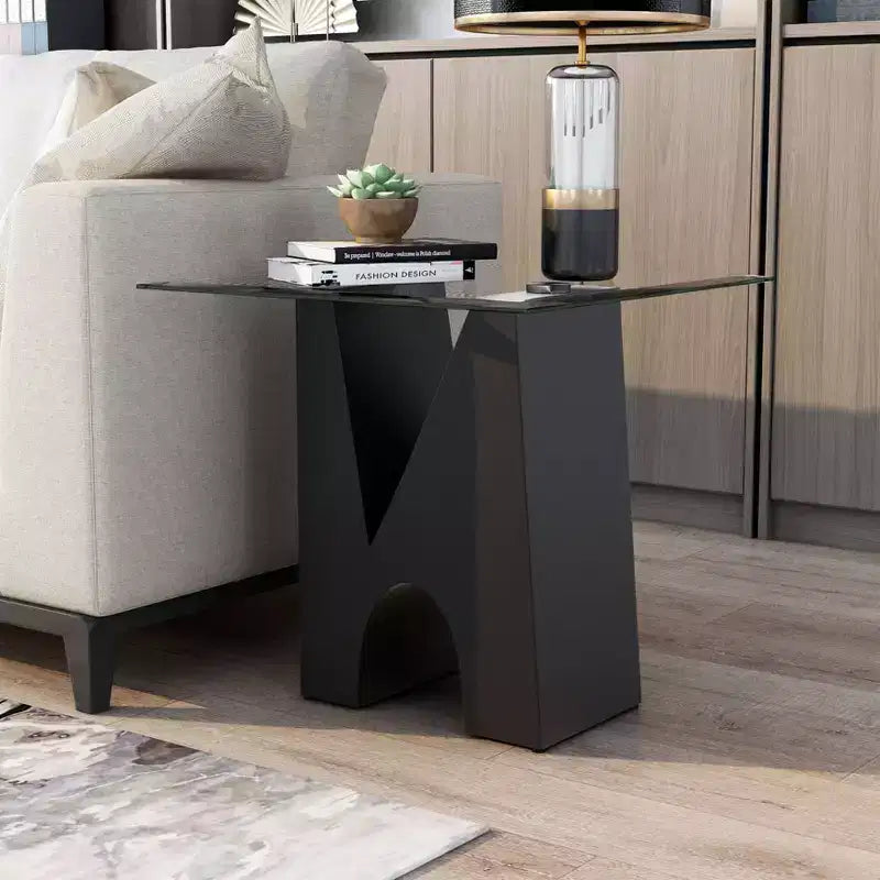 Table d'appoint carrée moderne transparent/noir – Structure en acier, Plateau en verre trempé