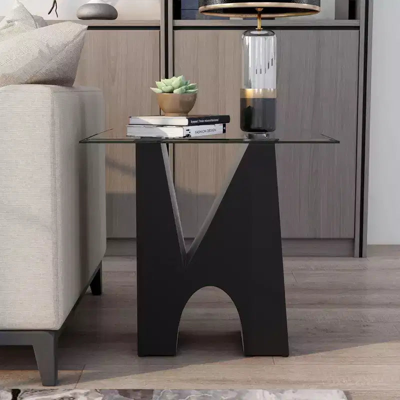 Table d'appoint carrée moderne transparent/noir – Structure en acier, Plateau en verre trempé