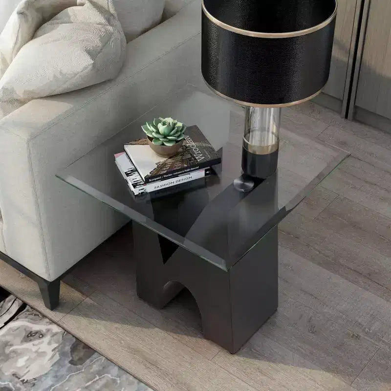 Table d'appoint carrée moderne transparent/noir – Structure en acier, Plateau en verre trempé
