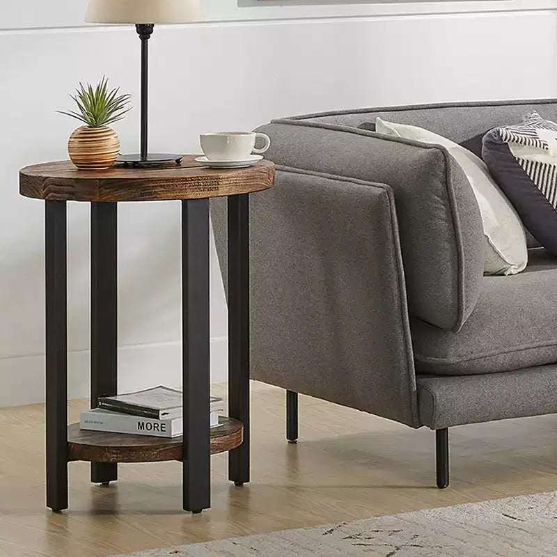 Alaterre Furniture Table d'appoint ronde Pomona de 27 pouces de diamètre Rustic Natural : Bois massif, pieds en métal, étagère inférieure fixe, finition teintée