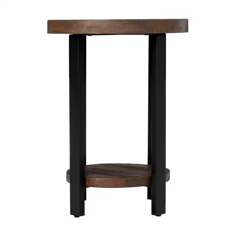Alaterre Furniture Table d'appoint ronde Pomona de 27 pouces de diamètre Rustic Natural : Bois massif, pieds en métal, étagère inférieure fixe, finition teintée
