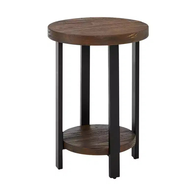 Alaterre Furniture Table d'appoint ronde Pomona de 27 pouces de diamètre Rustic Natural : Bois massif, pieds en métal, étagère inférieure fixe, finition teintée