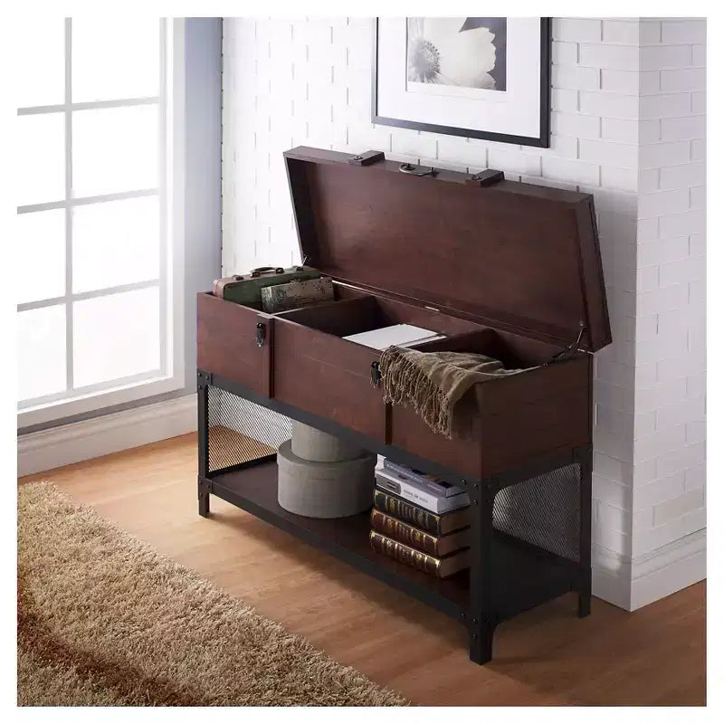 MAISON : Intérieur + Extérieur Table basse de style malle Millan Noyer vintage : Meuble d'entrée avec étagère de rangement à plateau relevable