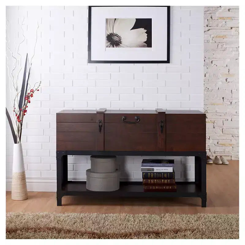 MAISON : Intérieur + Extérieur Table basse de style malle Millan Noyer vintage : Meuble d'entrée avec étagère de rangement à plateau relevable