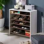 RANGEMENT : Intérieur + Extérieur Meuble à chaussures contemporain Farrar Brun Châtaigne/Blanc : Placage en bois MDF, rangement 16 paires, étagères réglables