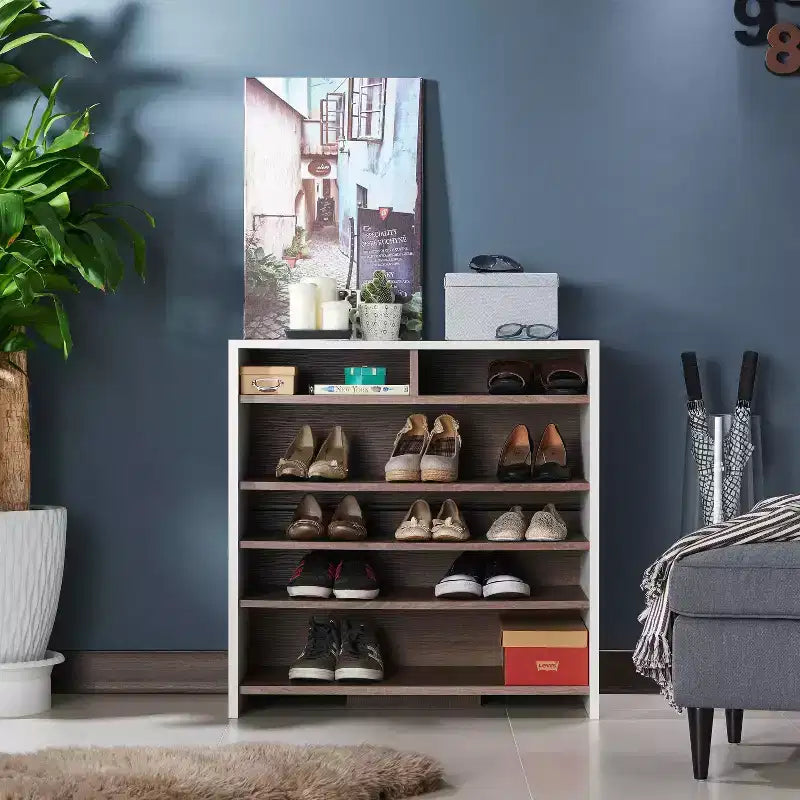 RANGEMENT : Intérieur + Extérieur Meuble à chaussures contemporain Farrar Brun Châtaigne/Blanc : Placage en bois MDF, rangement 16 paires, étagères réglables